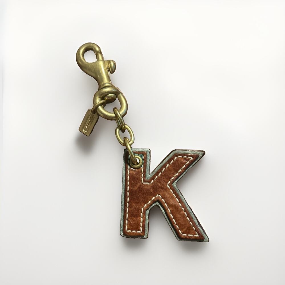 Vintage Coach Y2K Letter K Initial Bag Charm Keychain Brown Gray Leather 1.75”